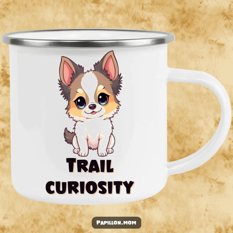 Funny Papillon dog camping mug with a dog's bright, eager, and curious expression, ready for the outdoors.