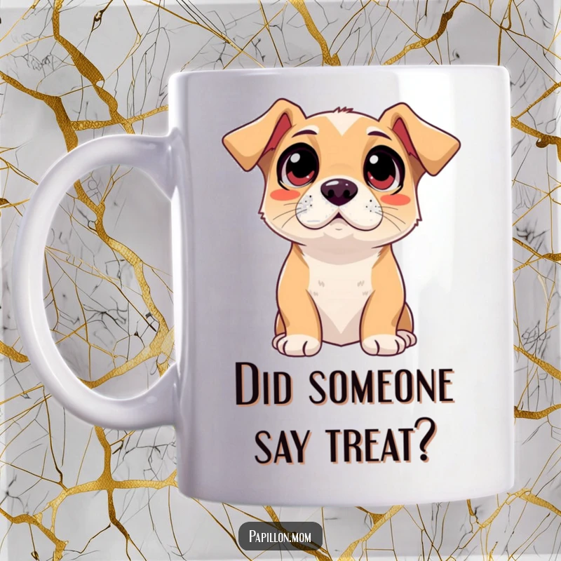 Funny adoring dog mug art, showing a dog with wide, loving eyes looking up with pure delight.