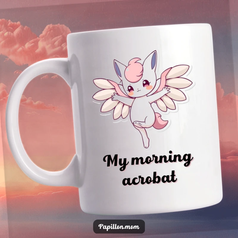 Funny mug showing a character perfectly balanced on one paw with wings fully outstretched, demonstrating poise and agility.