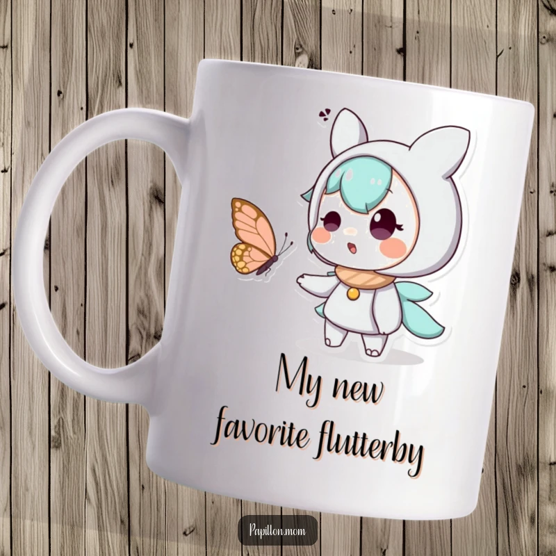 Funny mug showing a surprised and delighted character mesmerized by a beautiful butterfly fluttering nearby, a moment of pure joy.