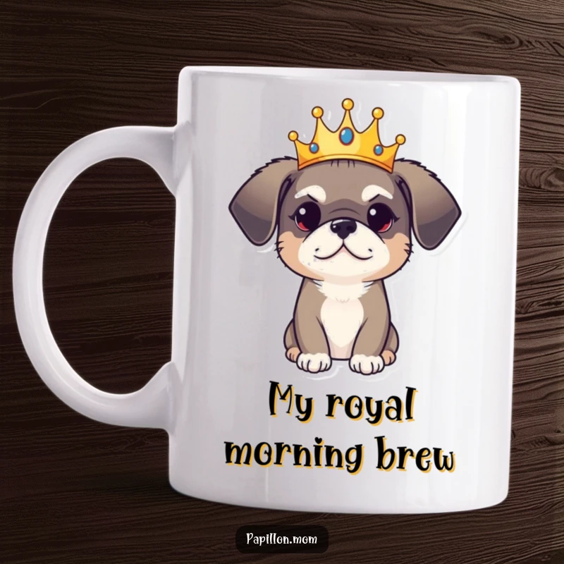 Funny Mug: A dog wears a small crown with a regal yet playful expression, embodying cute royalty and charm.