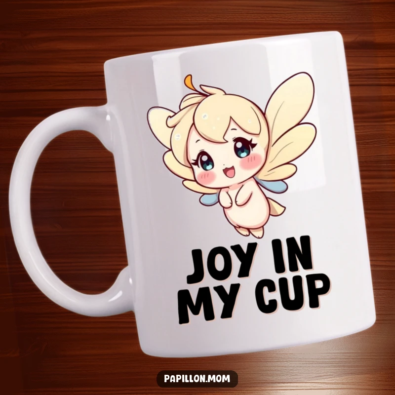 Funny mug depicting a character fluttering gracefully with a beaming, happy expression, conveying pure joy and lightheartedness.