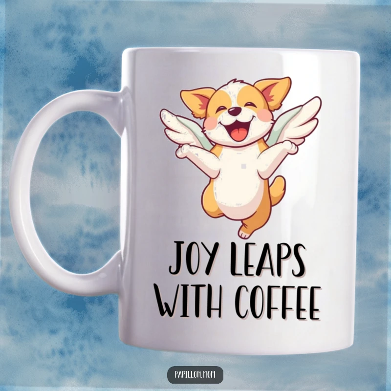 Funny mug depicting a dog joyfully leaping, its wings providing an extra boost, radiating pure happiness and exuberant energy.