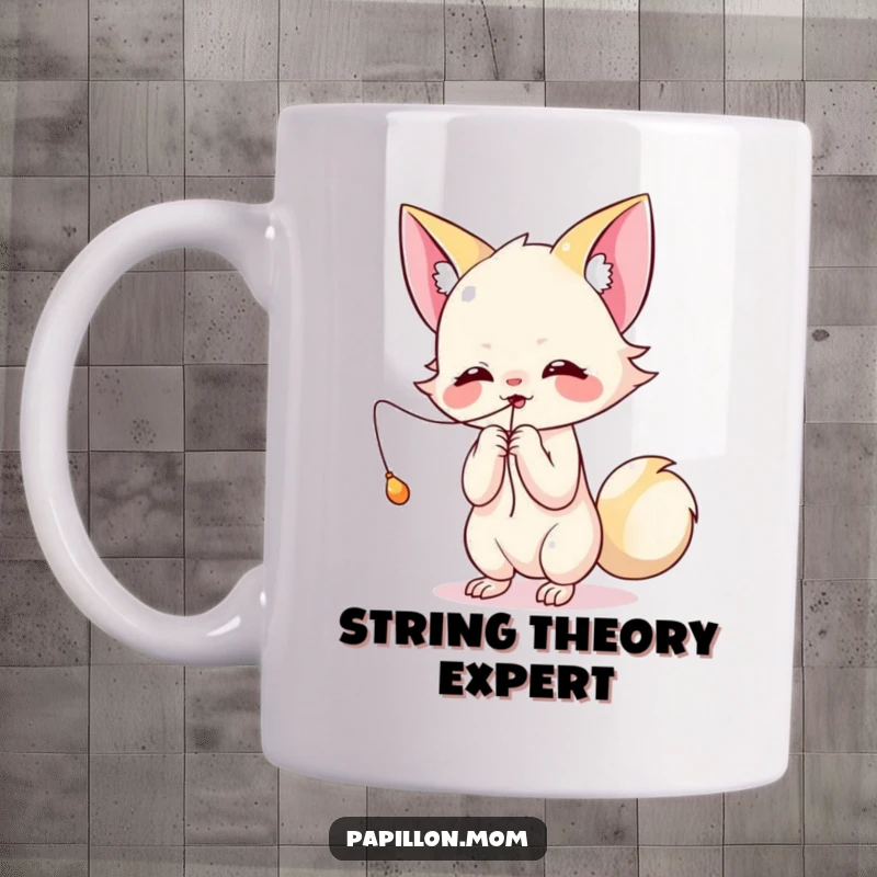 Funny Kawaii Papillon mug showing a cute lady playfully batting at a dangling string, full of energetic fun and mischief.