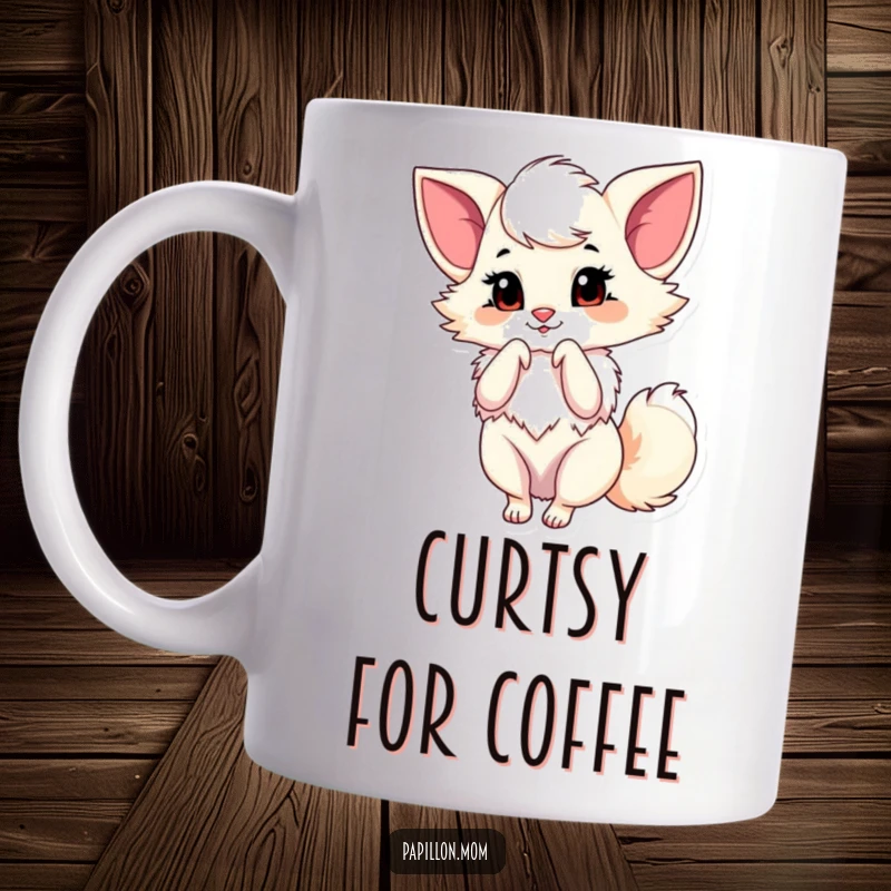 Funny Papillon Mug featuring a lady dog doing a graceful little bow, showcasing politeness and charming elegance.