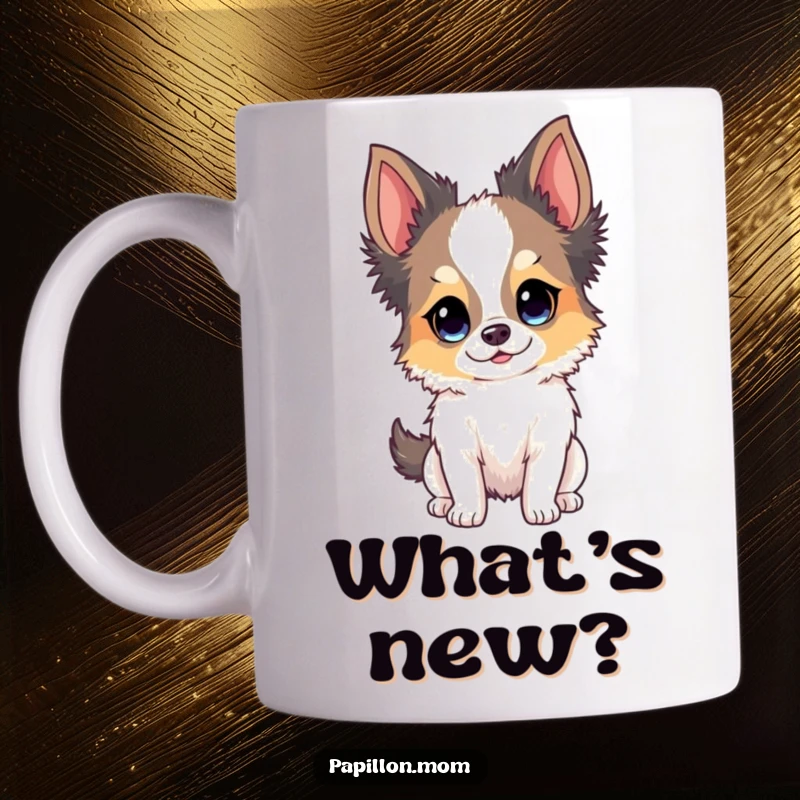 Funny Papillon dog mug showcasing a bright, curious, and happy expression, ideal for dog enthusiasts.