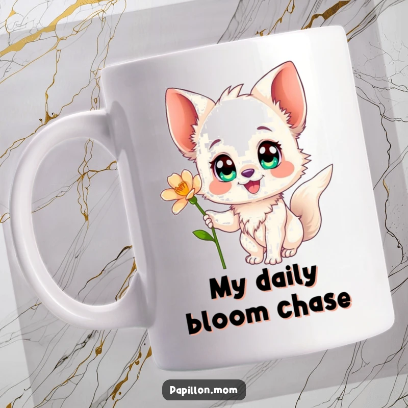 Funny Papillon mug showing a happy Papillon dog with big eyes gently reaching for a beautiful flower, conveying sweetness and joy.