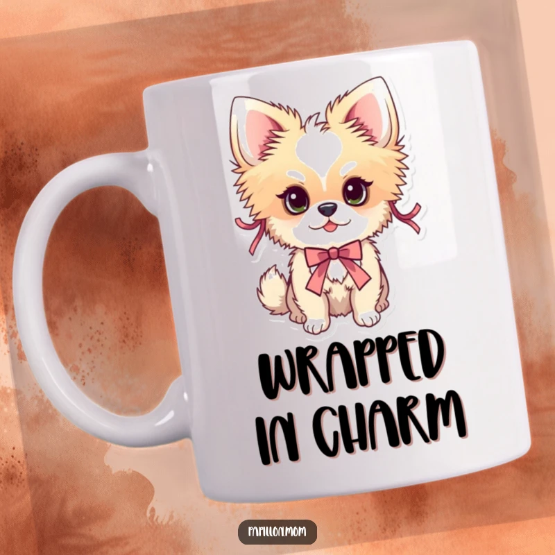 Funny Papillon dog mug showcasing a dog adorned with delicate, festive ribbons, exuding charm and style.