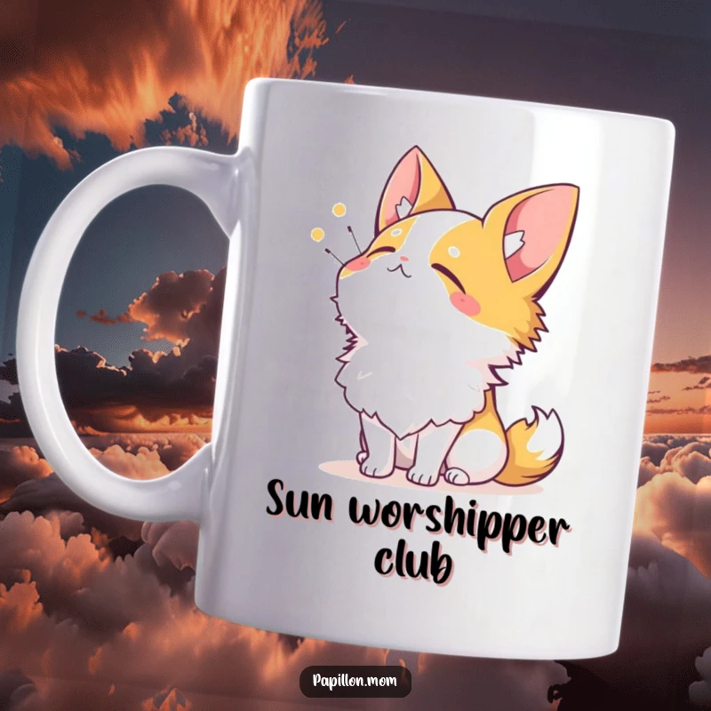 Funny Papillon mug featuring a dog with eyes closed, looking up at the sun with a contented sigh, embodying pure bliss.