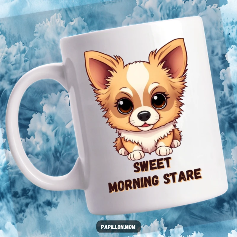 Funny Papillon dog mug showing a dog with a sweet, gentle, and inquisitive gaze, full of affection.