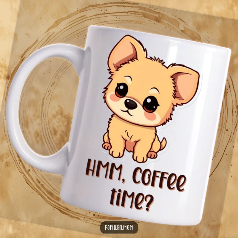 Funny mug featuring a small, fluffy dog with large, floppy ears, tilting its head with a curious and endearing expression.