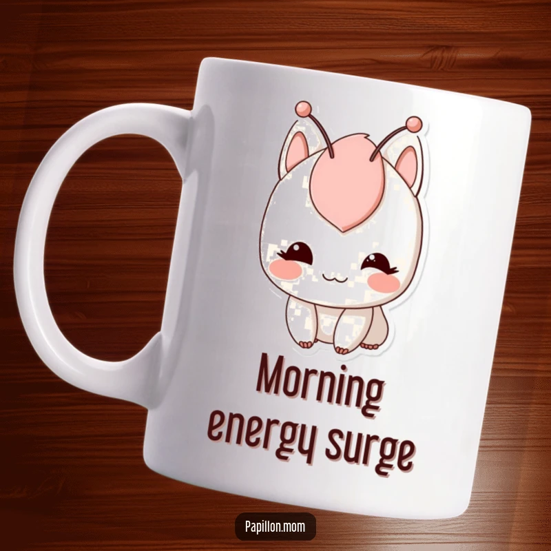 Funny mug showcasing a character with a gentle smile and actively twitching antennae, conveying curiosity and a touch of playful energy.