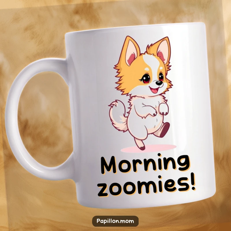 Funny Papillon dog mug capturing a dog in a quick, energetic, joyful twirl, full of motion and fun.