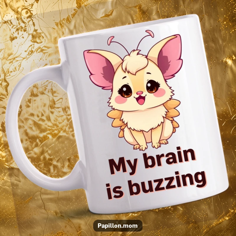 Funny Papillon Lady Mug, delicate antennae twitching with excitement and a look of happy anticipation, ideal for gifting.