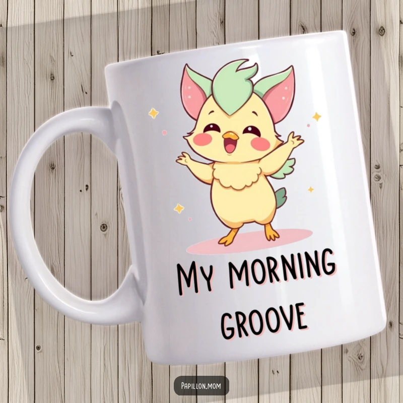 Funny Papillon mug showing a delighted Papillon dog performing a charming little dance with a happy expression, conveying pure joy.