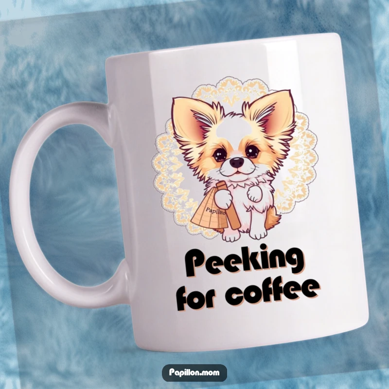 Funny Papillon dog with curious eyes peeking from behind a delicate, large lace fan, adding a touch of playful mystery.