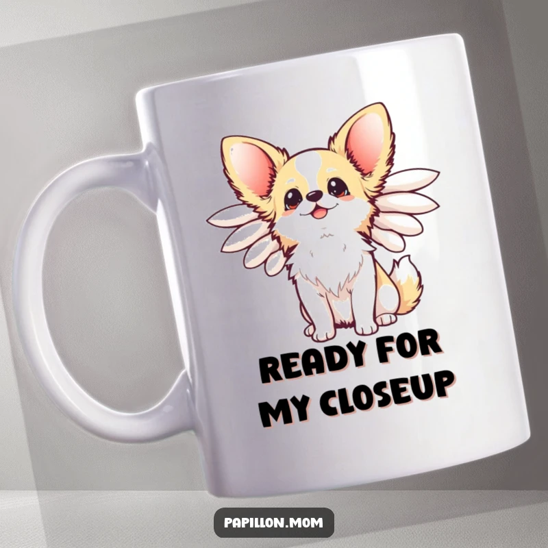 Funny Kawaii Papillon Dog Mug with elegant wings flared, looking up happily, embodying cheerful doggy delight.