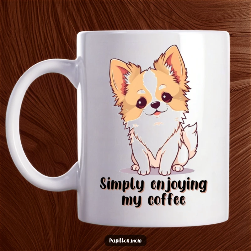 Funny Kawaii Papillon dog mug, serene pup enjoying a gentle breeze, peaceful and calming artwork.