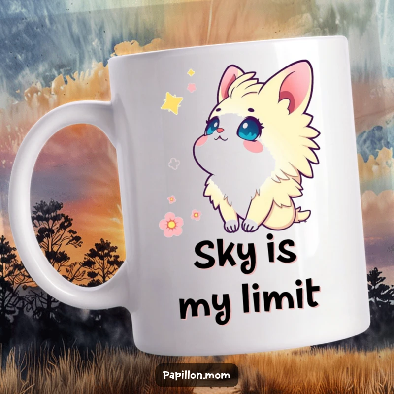 Funny Kawaii Papillon mug showcasing a cute lady looking up at the sky with eyes full of wonder and gentle curiosity.