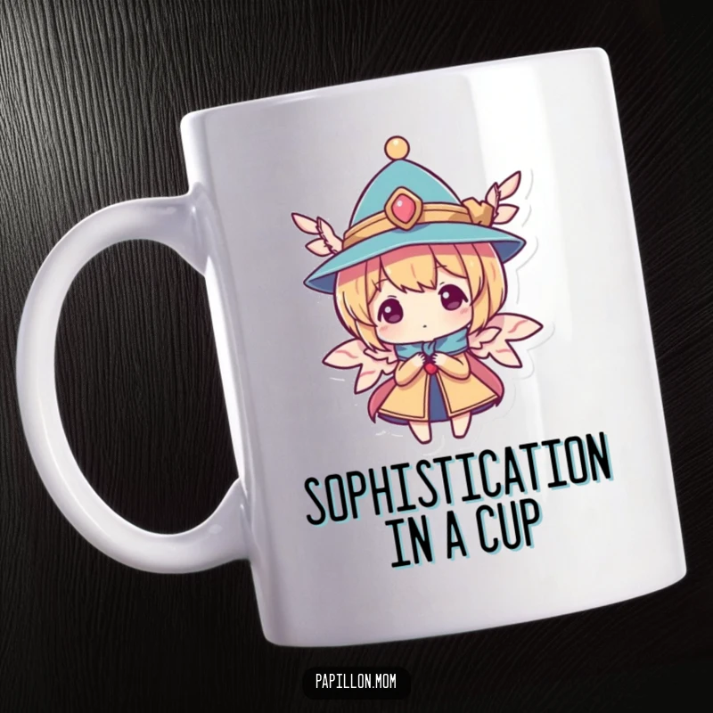 Funny mug showing a character elegantly dressed in a tiny hat adorned with wings, suggesting chic sophistication and a touch of magic.