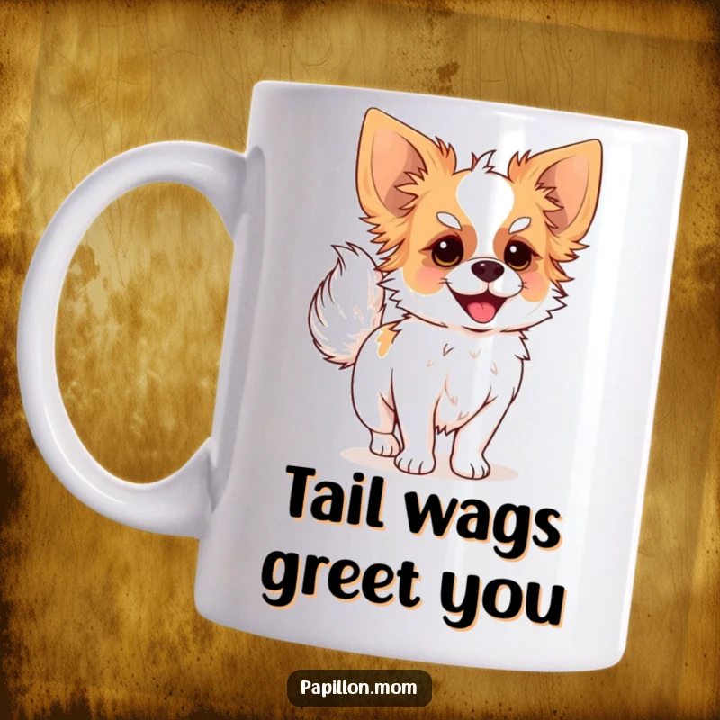Funny mug with a joyful Papillon dog energetically wagging its signature plumed tail, radiating happiness.