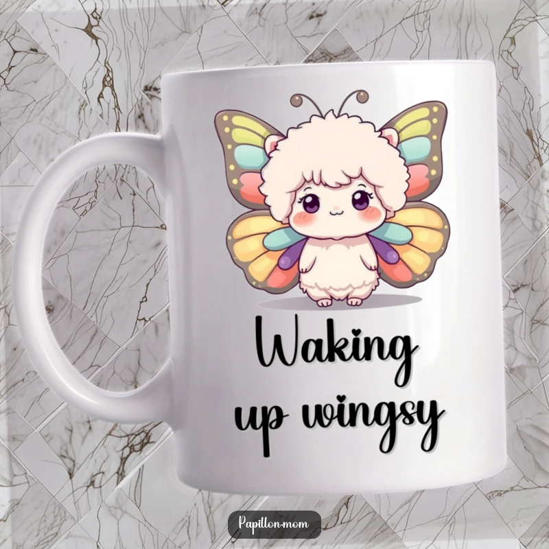Funny mug depicting a fluffy head adorned with large, vibrant, expressive butterfly wings, evoking a sense of fantasy and charm.