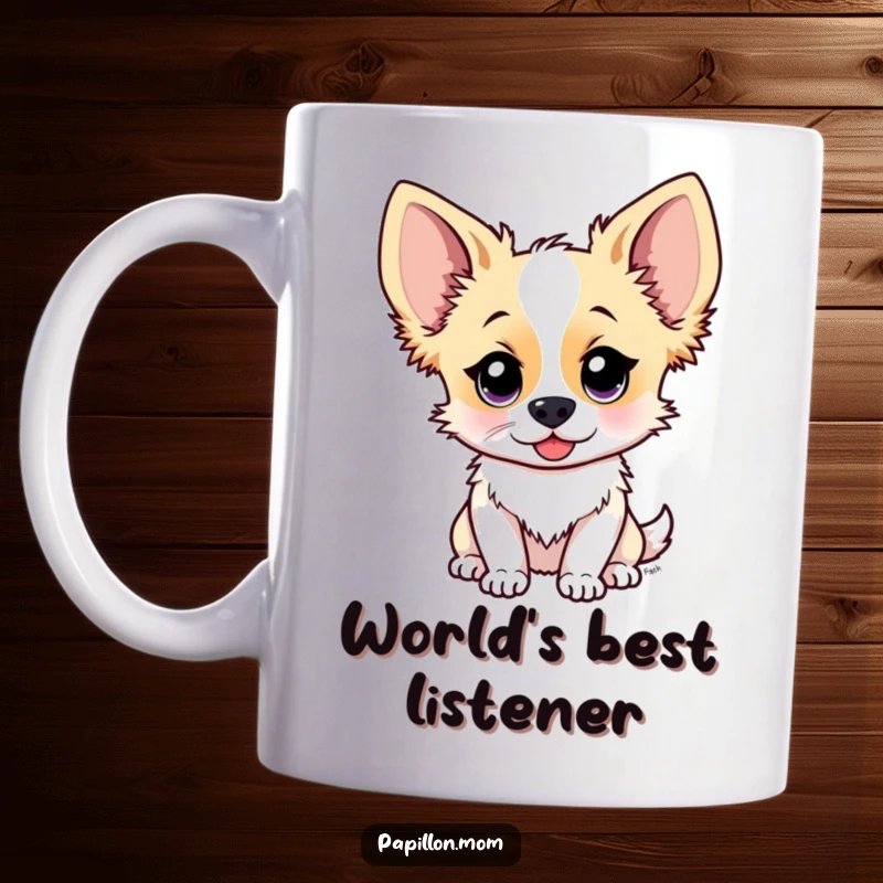Funny Papillon dog mug showing a cute character with ears perked high, attentively listening, embodying curiosity and playful engagement.