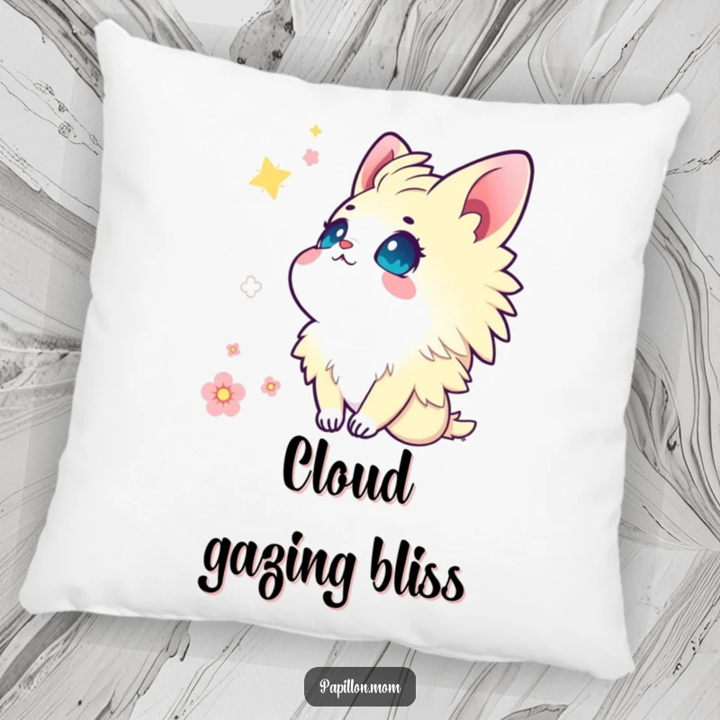 Funny Kawaii Papillon pillow featuring a cute lady looking up at the sky with eyes full of wonder and gentle serenity.