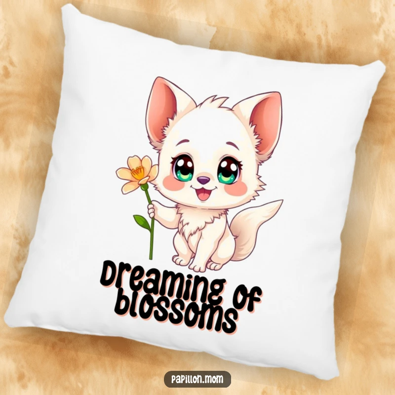 Funny Papillon pillow depicting a happy Papillon dog reaching for a flower, offering a cozy and humorous decorative touch.