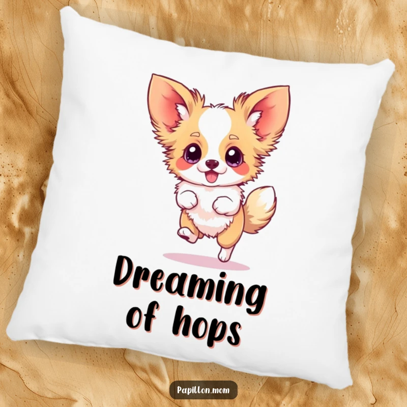 Funny Papillon pillow featuring a dog doing a silly hop with blurred ears, embodying pure delight and happy movement.