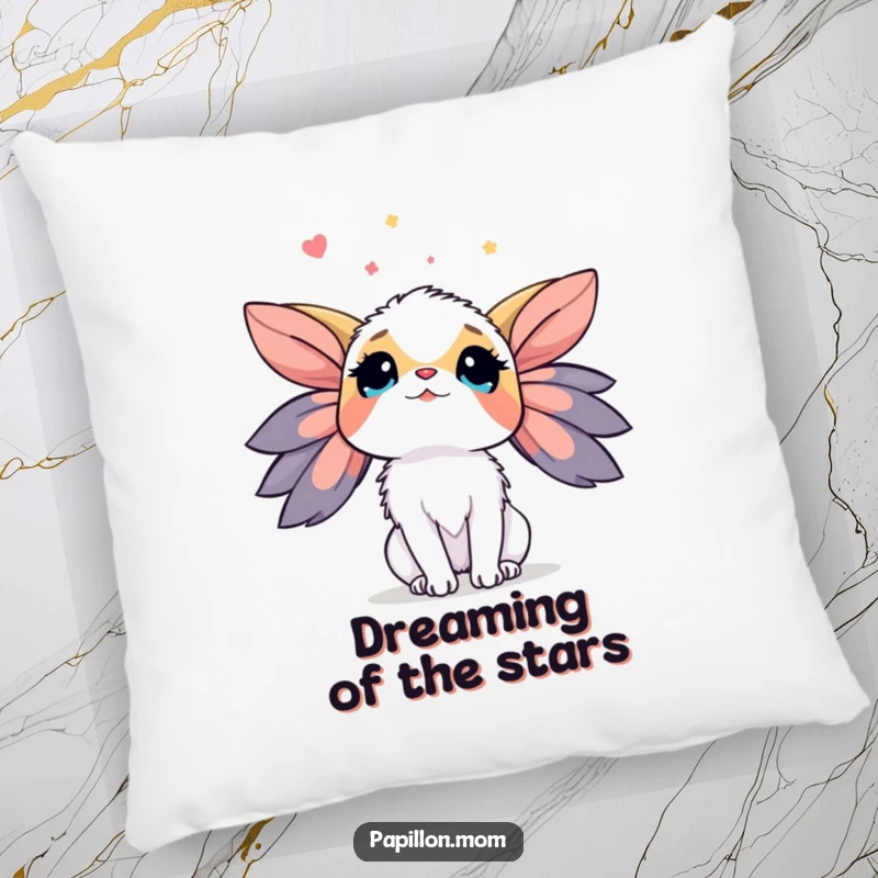 Funny Papillon Lady Dog Pillow featuring a gaze looking up at the sky with wonder, bringing cozy humor and dreamy charm.