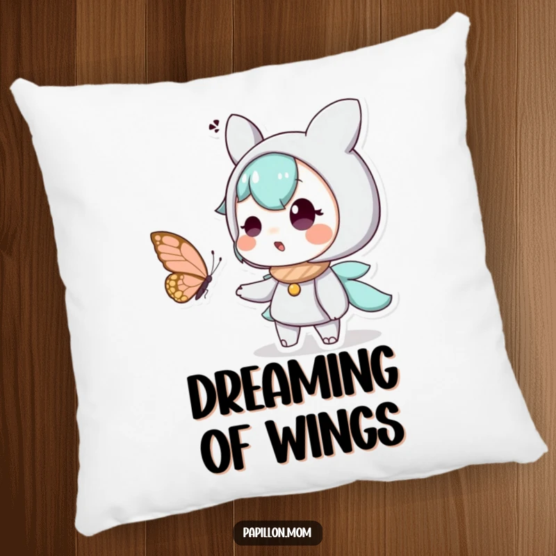 Funny pillow with a plush character in a state of amazed delight, observing a butterfly, perfect for adding comfort and charm to any space.