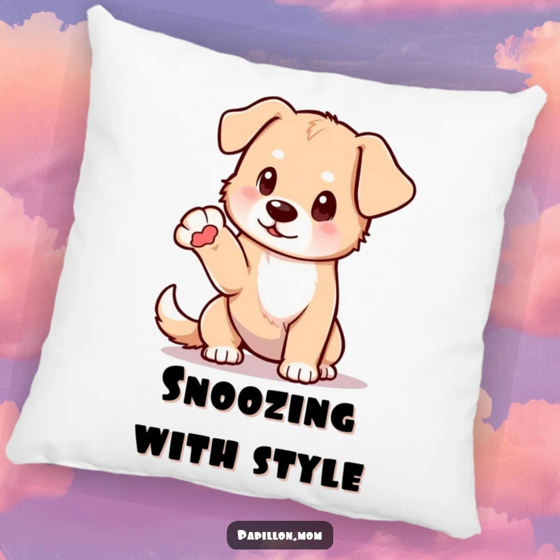 Funny pillow showcasing a dog in a delicate pose, one paw elegantly extended, offering comfort and a touch of refined charm.