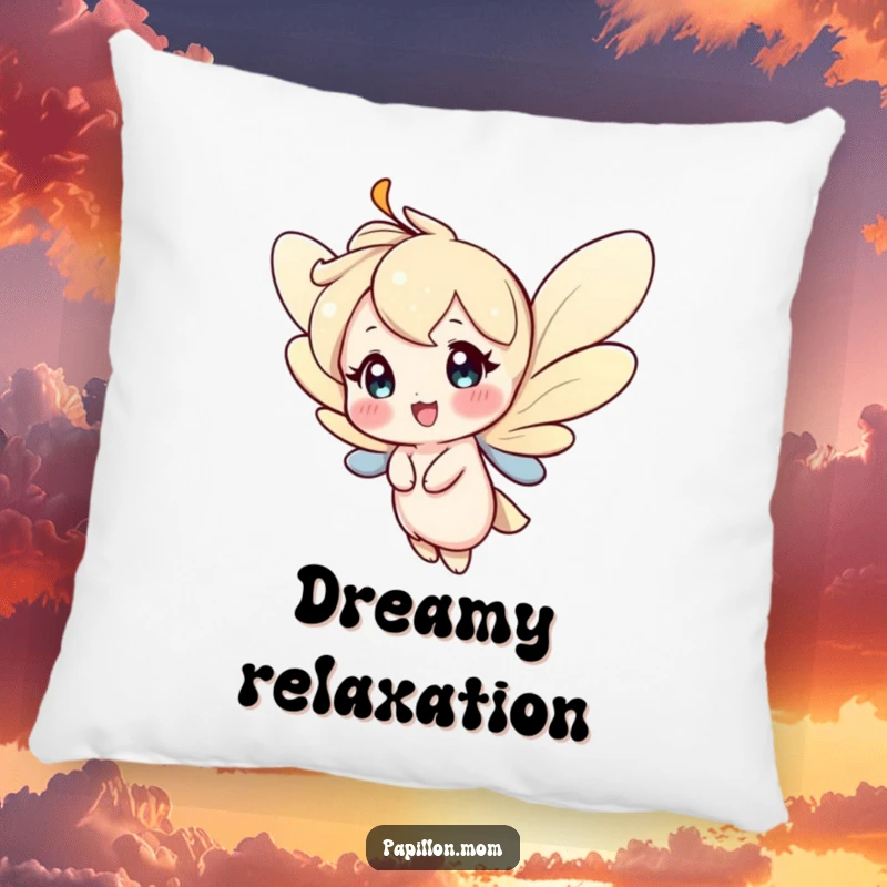 Funny pillow with a character fluttering gracefully with a happy expression, offering comfort and a visual reminder of joy.