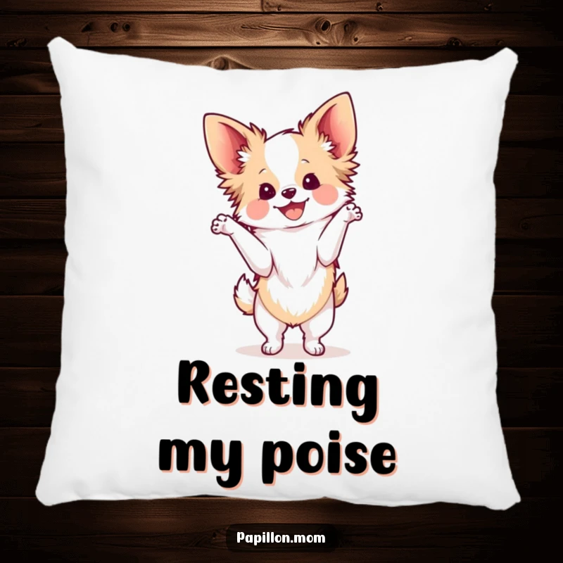 Funny Kawaii Papillon dog pillow, illustration of a cute French butterfly dog in a graceful pose, radiating pure delight and happiness.