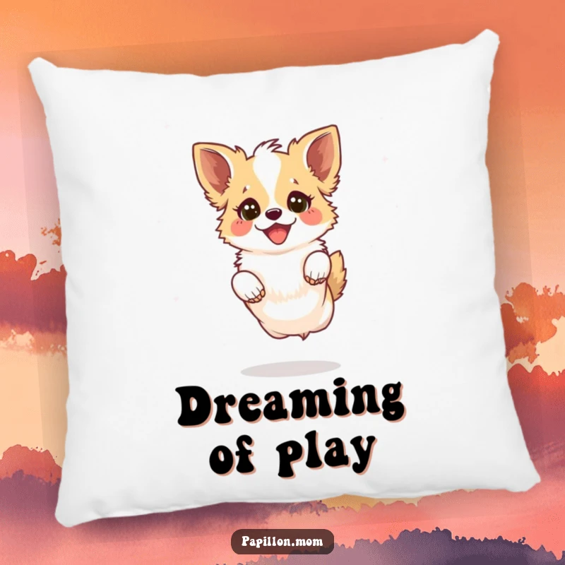 Funny Kawaii Papillon Dog Pillow featuring a Papillon dog leaping playfully with a joyful sparkle in its eyes, ideal for cozy fun.