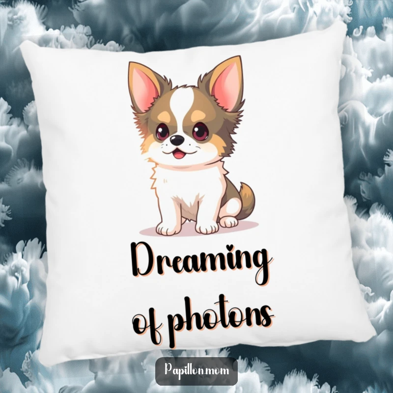 Funny Kawaii Papillon Dog Pillow featuring a Papillon dog with delicate ears perked, chasing a light beam, ideal for playful decor.