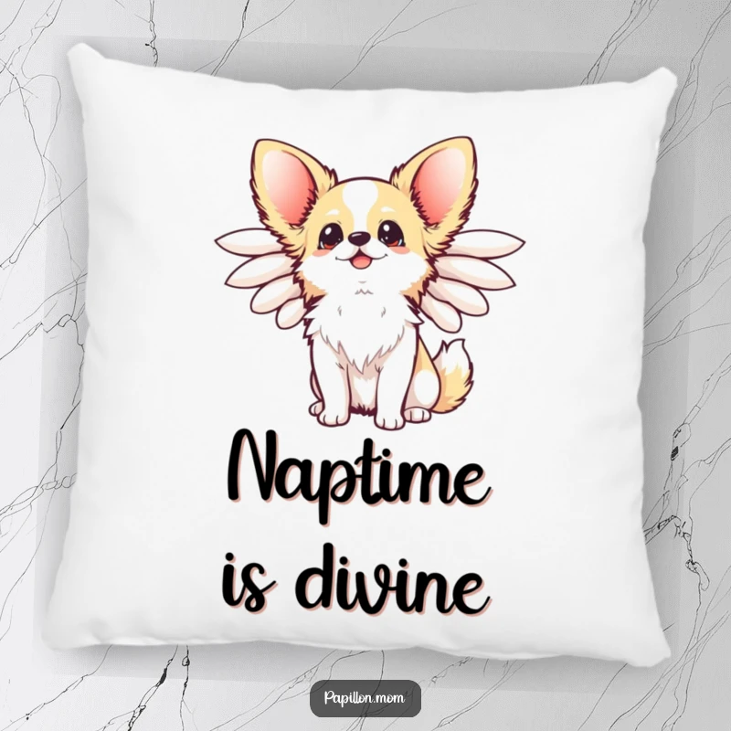 Funny Kawaii Papillon Dog Pillow featuring a happy Papillon dog with elegant wings flared, looking up joyfully, delightful decor.