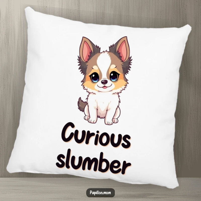 Funny Papillon dog pillow displaying a dog with a sweet, curious, and attentive expression, great for comfort.