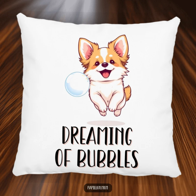Funny pillow featuring a smiling Papillon dog chasing a bubble, offering comfort and cheerful dog-themed decor.