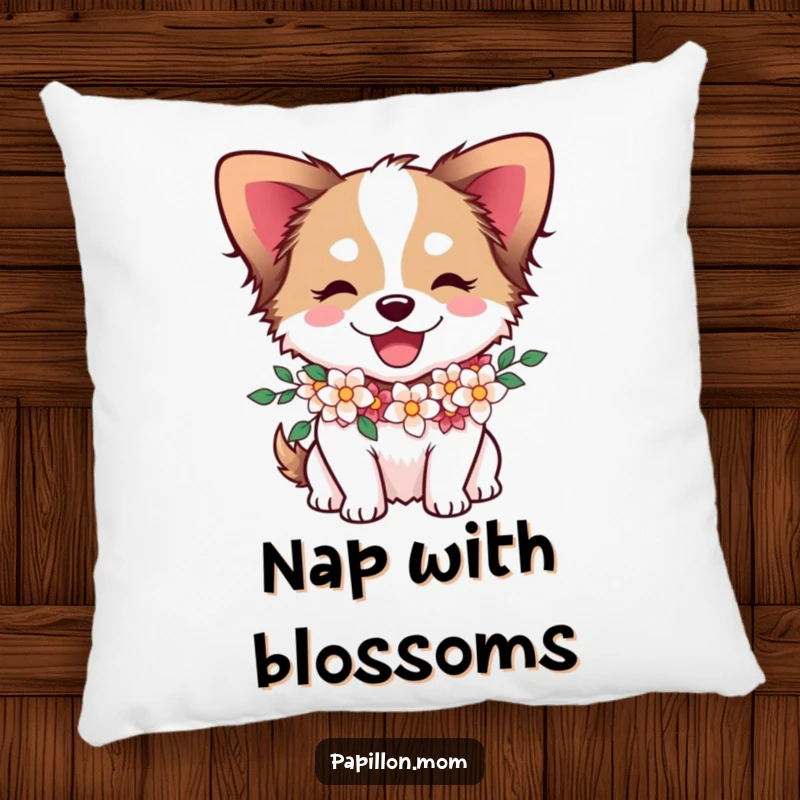 Funny Papillon dog character with a flower garland around its neck, looking joyful and plush on a decorative pillow.