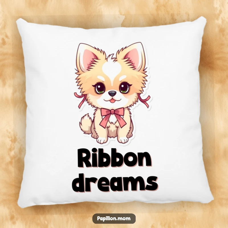 Funny Papillon dog pillow featuring a dog adorned with decorative ribbons, offering comfort and stylish decor.
