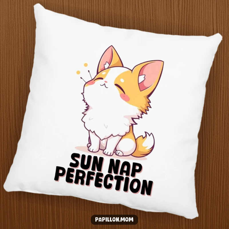 Funny Papillon pillow featuring a dog looking up at the sun with a contented sigh, bringing a sense of peace.