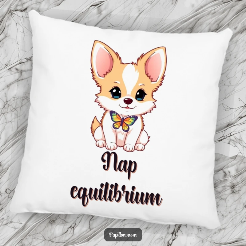 Funny Papillon dog pillow with a cute dog balancing a butterfly on its nose, offering humorous comfort and decor.
