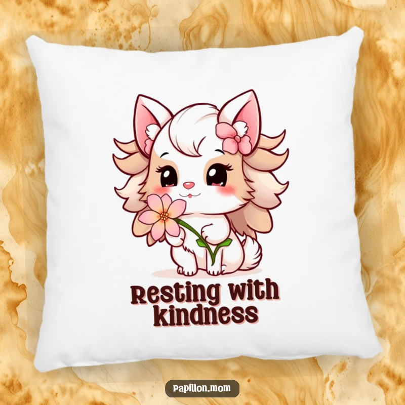 Funny Papillon Lady Pillow showcasing a gentle offering of a delicate flower with a sweet smile, offering comfort with a touch of tender beauty.