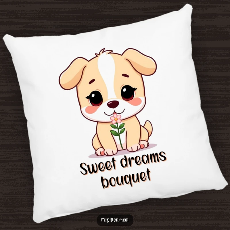 Funny pillow showcasing a sweet, gentle dog character holding out a small flower, perfect for cozying up with tenderness.