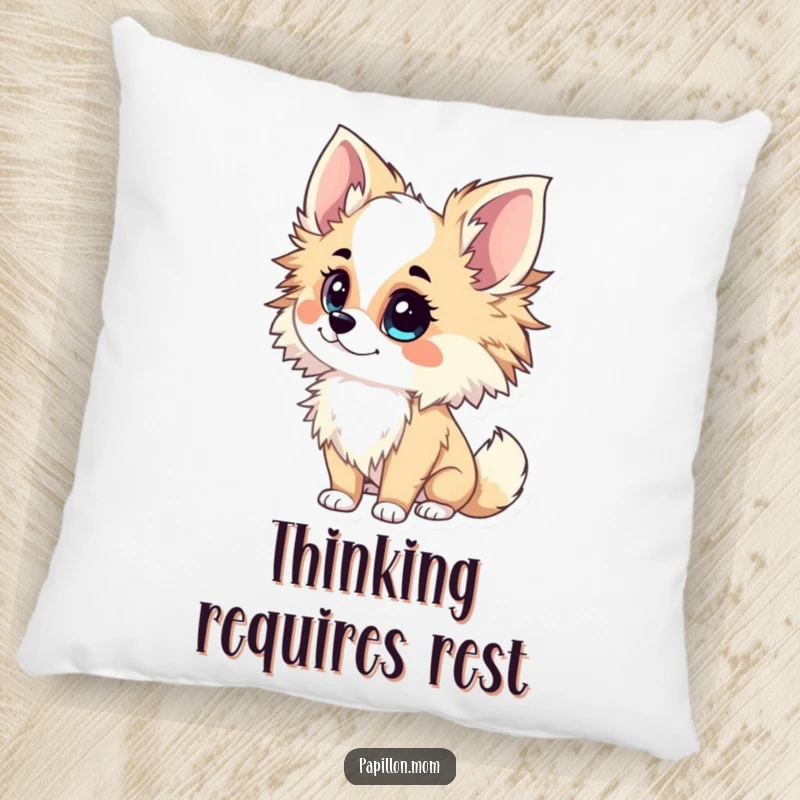 Funny Papillon Lady Pillow showcasing an inquisitive tilt of the head, offering comfort with a touch of thoughtful curiosity.