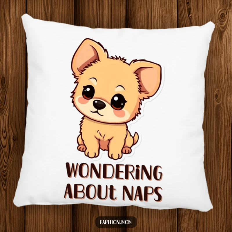 Funny, soft pillow depicting a small, fluffy dog with large, floppy ears looking with an expression of sweet, endearing curiosity.