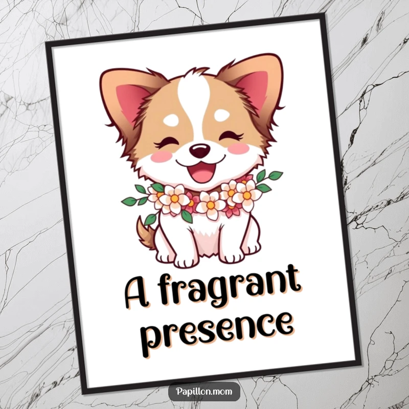 Funny Papillon dog character wearing a flower garland, depicted joyfully in a high-resolution digital art print.