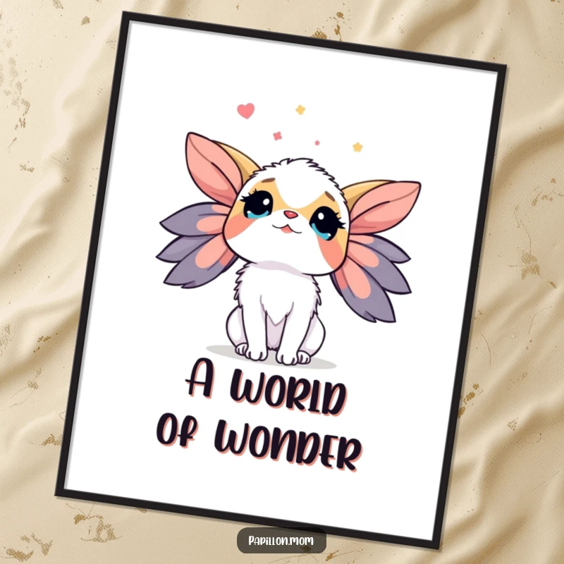 Funny Papillon Digital Art Print showing a lady dog looking up at the sky with wonder, perfect for instant, dreamy humorous wall decoration.